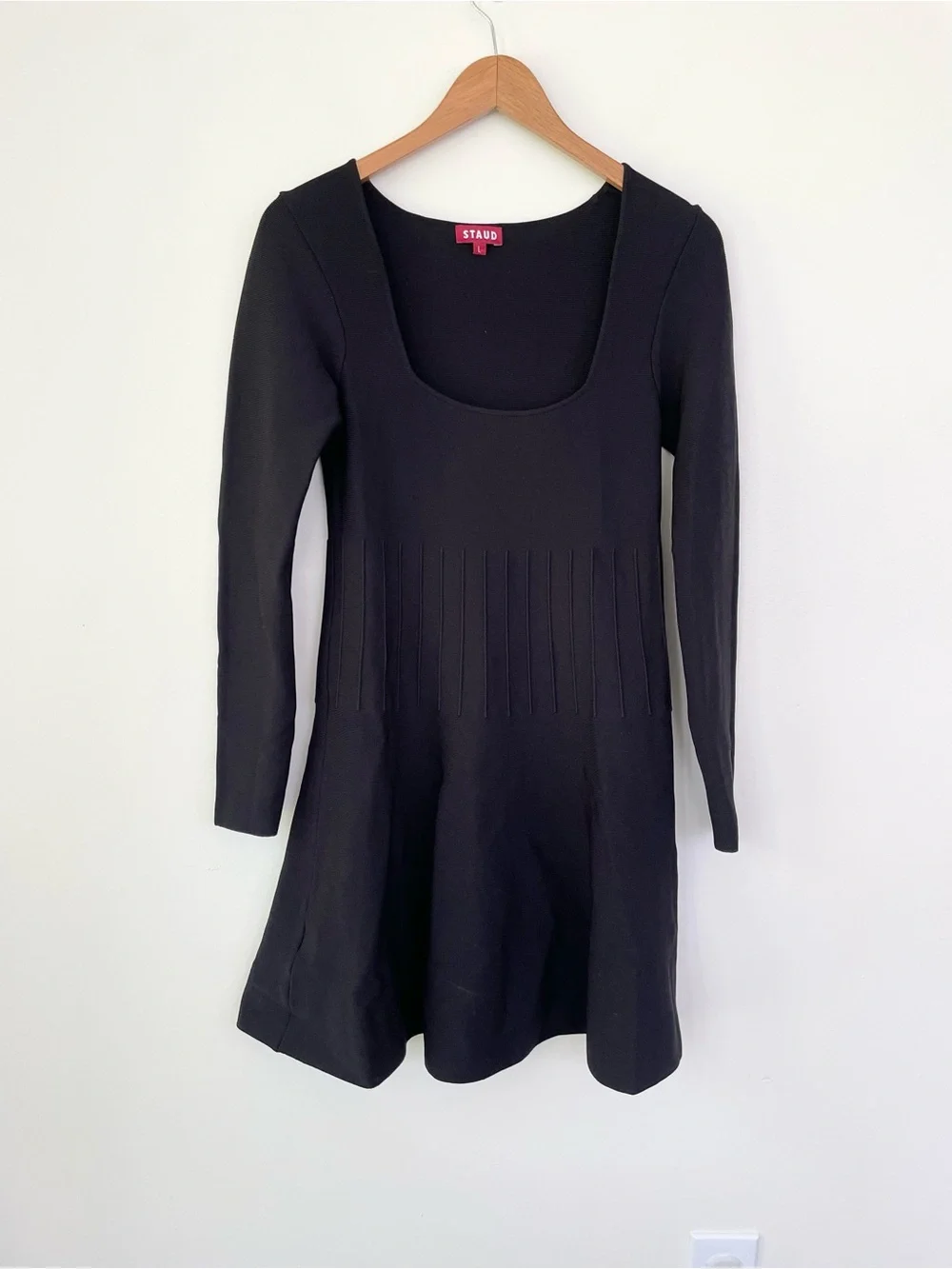 STAUD Deora Ribbed-Knit Mini Dress in Black L Large Long Sleeve Fit & Flare $325 - Picture 5 of 11